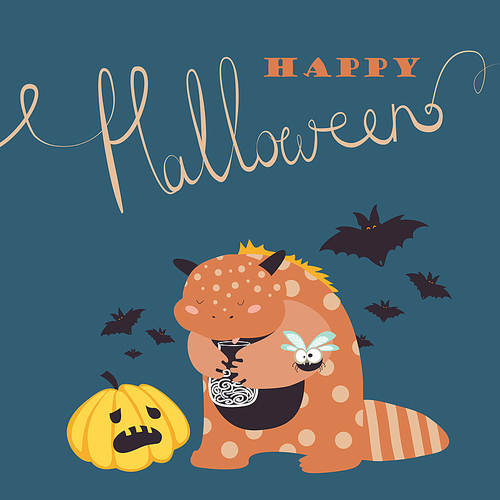 Cute colorful monster.Happy halloween. Vector greeting card