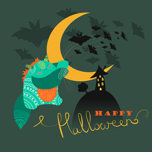 Cute monster with bats.Happy halloween. Vector greeting card