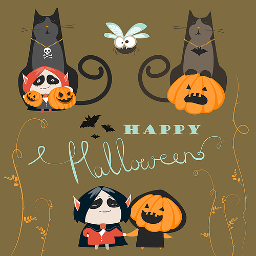 Halloween characters icon set. Vector greeting card