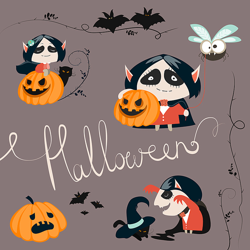 Halloween characters icon set. Vector greeting card