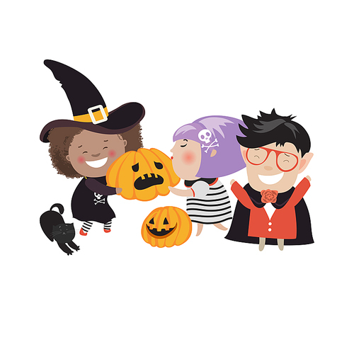Children trick or treating in Halloween costume. Vector isolated illustration