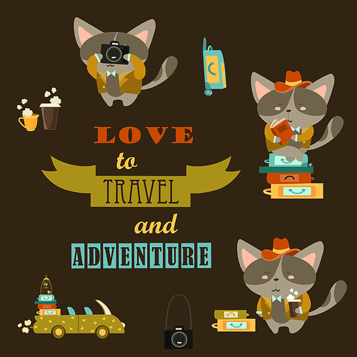 Set of funny cats travelers. Vector illustration