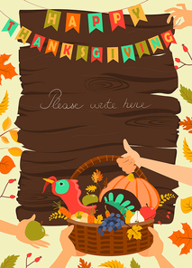 Wooden basket with turkey and vegetables. Happy Thanksgiving Day greeting card