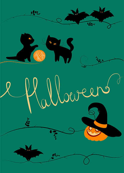 Vector halloween greeting card, black cats, pumpkin, bats