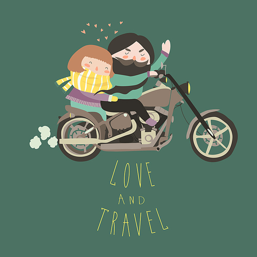 Happy couple in love riding a motorcycle. Vector illustration