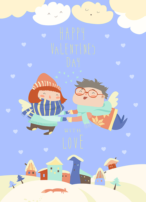 Stylish Valentines card in vector. Cute couple of angels flying above the houses