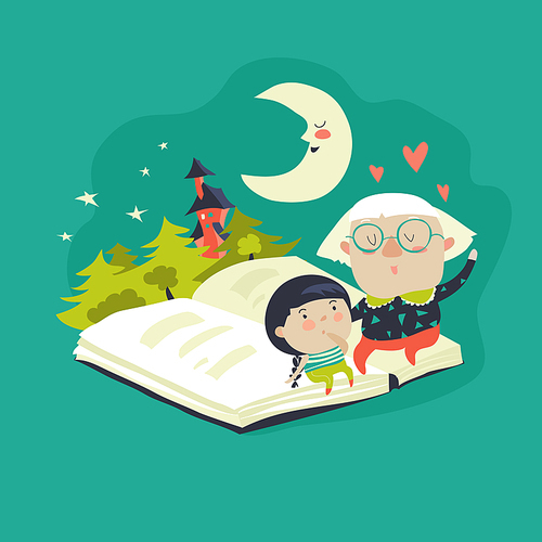 Grandmother tells a fairytales to her granddaughter. Vector illustration