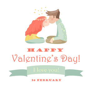 Valentines card with kissing couple . Vector illustration