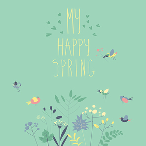 Vector illustration of a cute birds with spring plants
