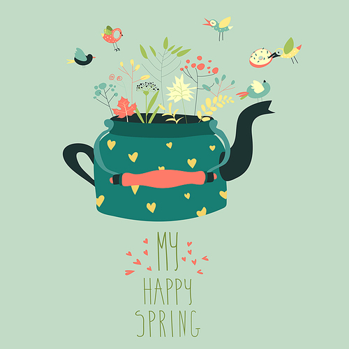 Cute teapot with spring herbs and birds. Vector illustration