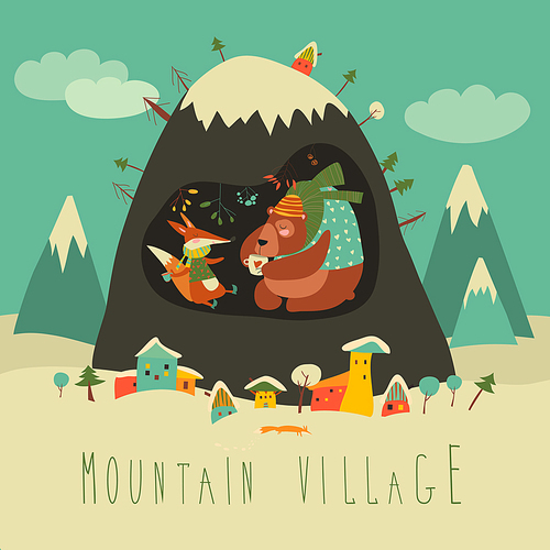 Snow covered village by the mountain with bear and fox inside the cave. Vector illustration