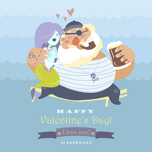 Funny old pirate with cute mermaid. Vector Valentines card