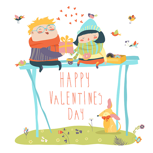 Couple in love celebrating Valentines Day. Vector romantic greeting card