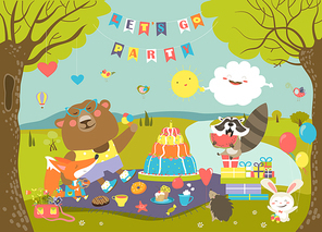Cartoon animals celebrating Birthday in the forest. Vector illustration