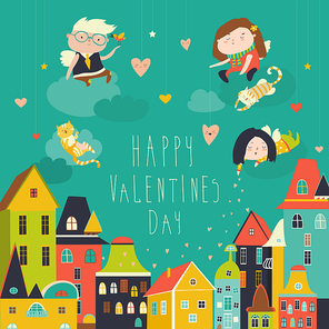 Cute angels celebrating Valentines Day. Vector romantic greeting card