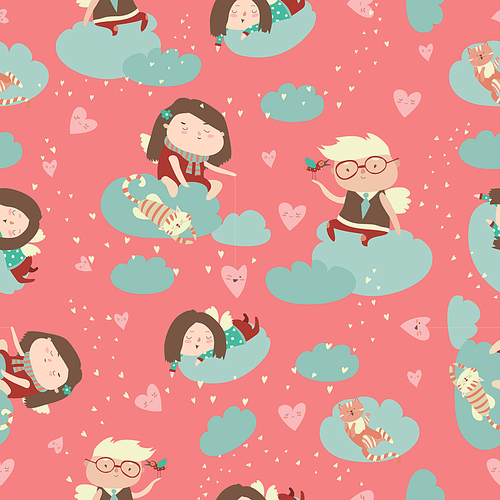 Seamless vector pattern with cute angels celebrating Valentines Day