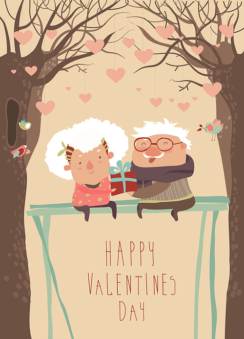 Senior man gives a gift to grandmother. Vector Valentines card