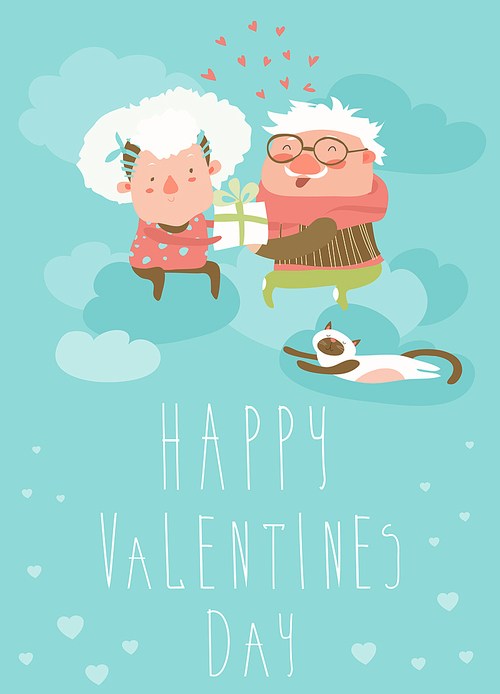 Couple of elderly angels hugging. Vector greeting card