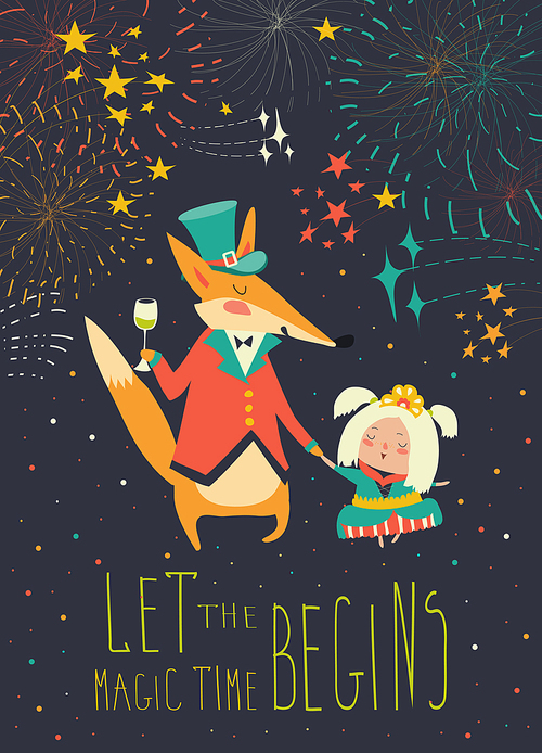 Gentleman fox with little princess. Vector greeting card