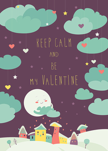 Vector valentine greeting card with little town with cute moon