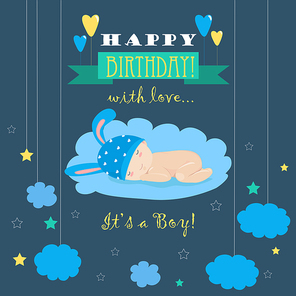 Baby theme. It s a boy. Vector greeting card
