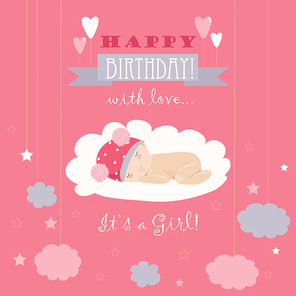 Baby theme. It s a girl. Vector greeting card