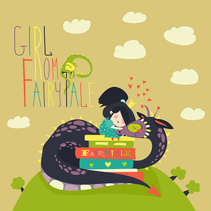 Cute princess sitting on pile of books and hugging the dragon. Vector illustration