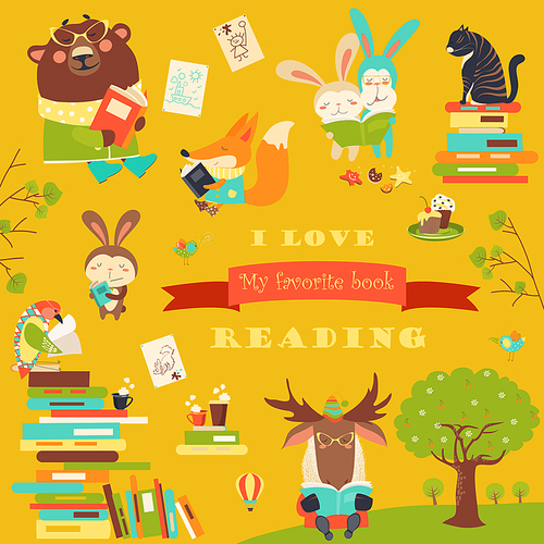 Set of cartoon animals reading books. Vector collection