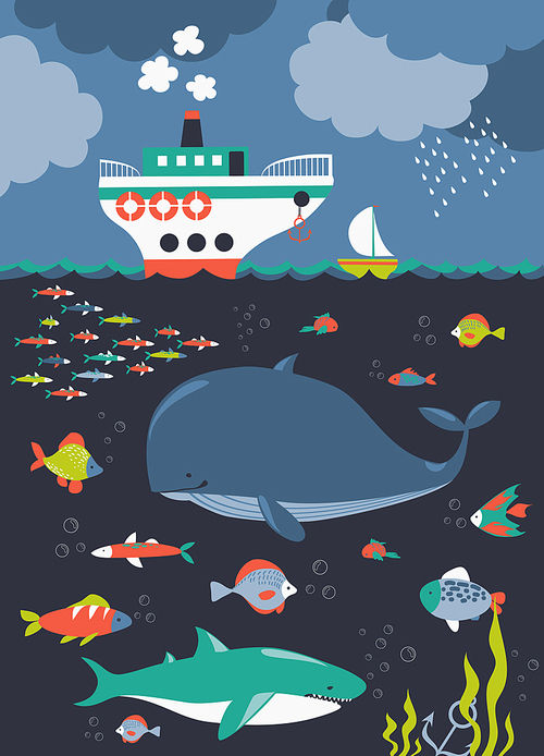 Sea life. Underwater world. Vector flat illustrations and icon set