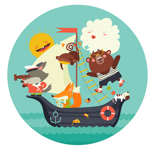 Cute animals travelling by ship on sea. Vector illustration