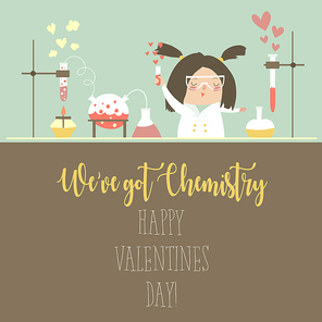 Cute female scientist works on Valentines day love heart chemistry. Vector illustration