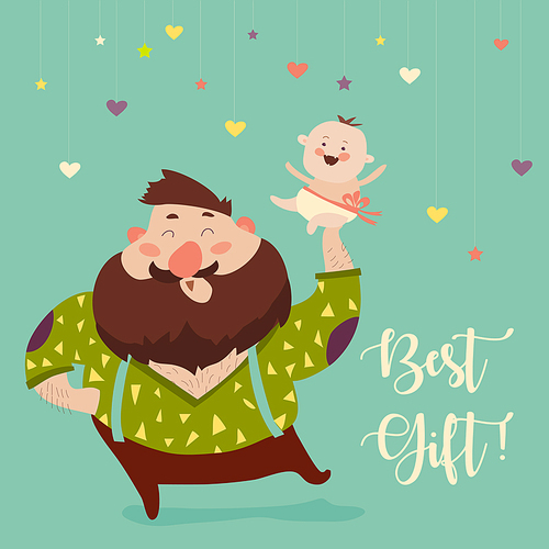 Happy father smiling with little baby. Vector illustration