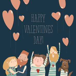 Happy loving couple with balloons. Vector Valentines card