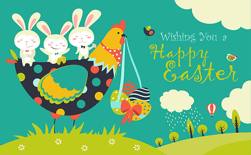 Easter bunnies,chicken and easter eggs. Vector illustration