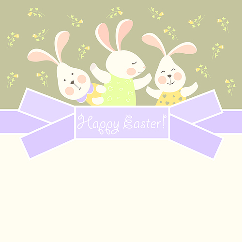 Cute little bunnies celebrating Easter. Vector greeting card