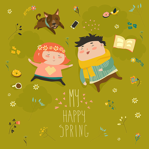 Happy kids lying on the meadow grass full of spring flowers. Vector spring card