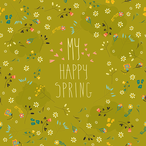 Seamless spring flower pattern on green background