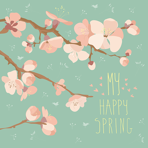 Card with spring flowers on tree branch. Vector illustration
