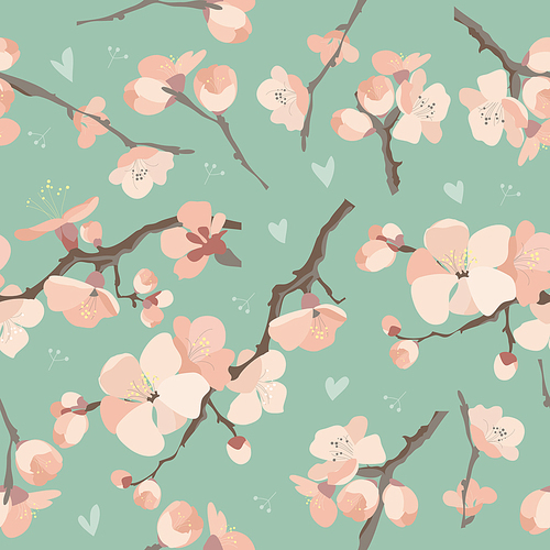 Seamless spring flowers on tree branch pattern on blue background