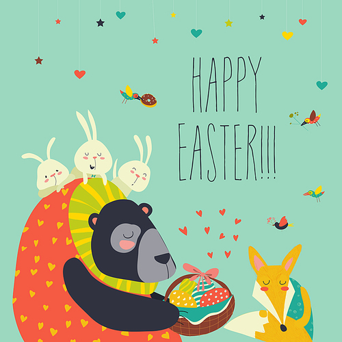 Cute bear gives basket with ester eggs to fox. Vector greeting card