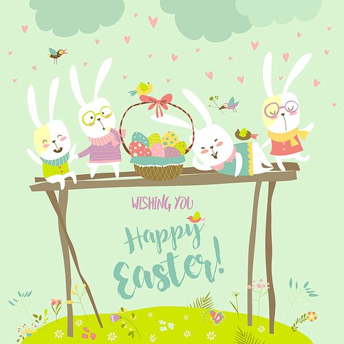 Funny bunnies celebrating Easter. Vector greeting card