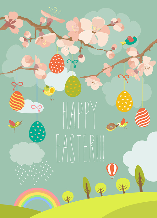 Spring blooming tree with easter eggs. Vector greeting card
