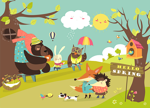 Cute animals walking in spring forest. Vector illustration