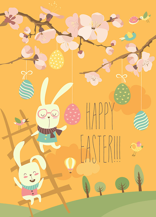 Funny easter bunnies with flowering branches. Vector Easter card
