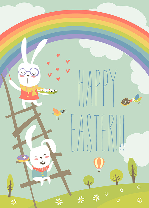 Funny easter bunnies with rainbow. Vector Easter card