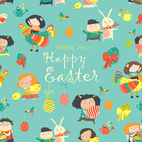 Characters and icons on the Easter theme seamless pattern
