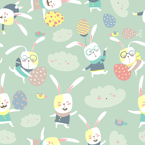 Easter bunnies and easter eggs seamless pattern