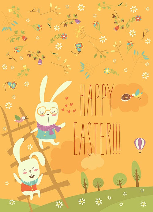 Funny easter bunnies with ladder. Vector Easter card