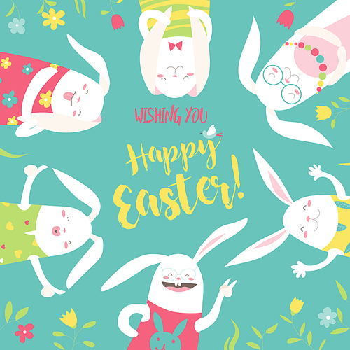 Funny bunnies celebrating Easter. Vector greeting card
