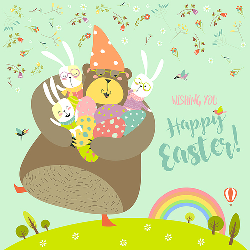 Happy Easter greeting vector illustration with bear and bunnies